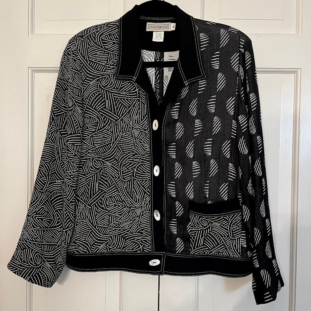 Vintage Canvasbacks USA Art to Wear Shell Button Jacket Black White Geometric M‎